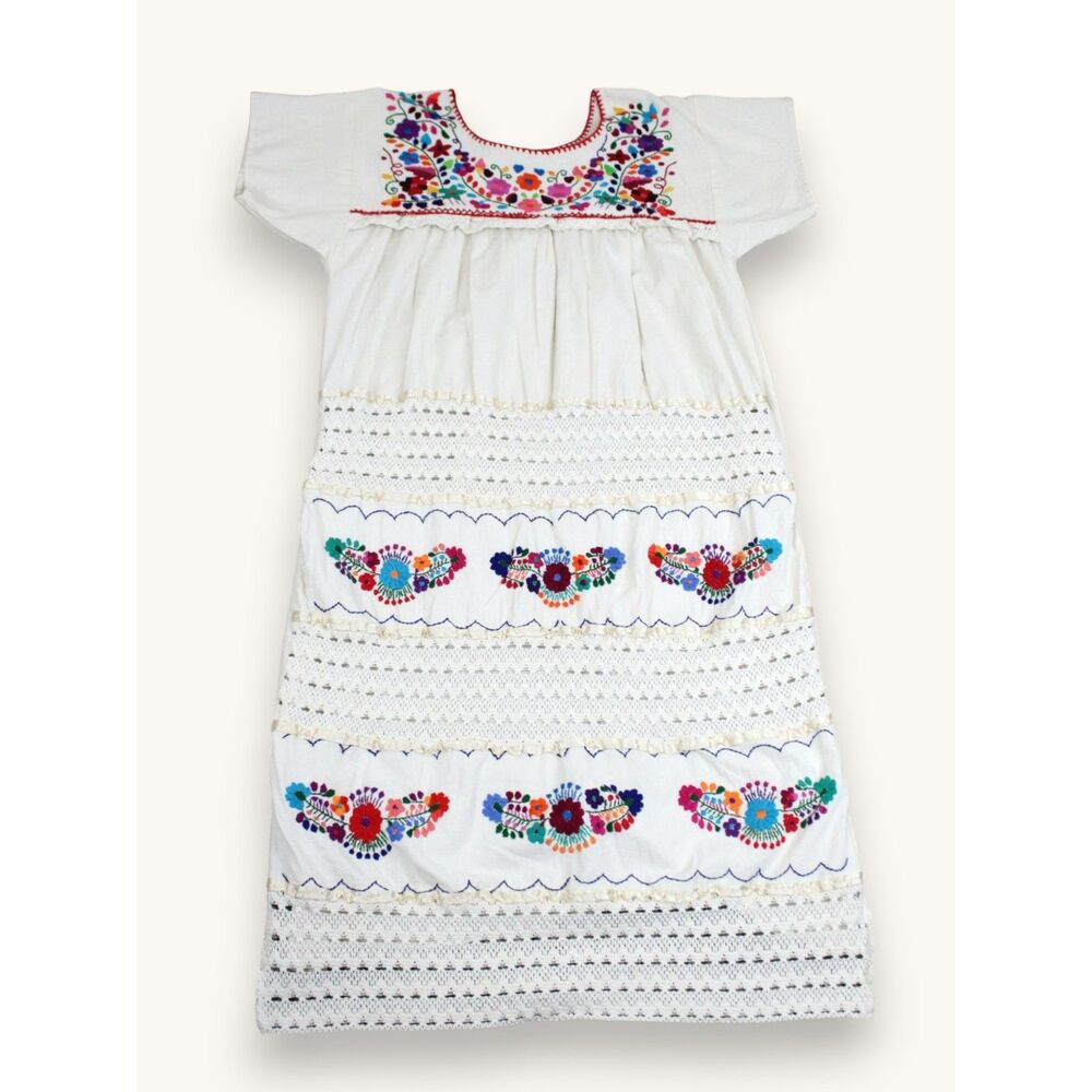 Handmade Mexican Folk Dress Floral Embroidered Crochet Lace Boho Cottagecore
